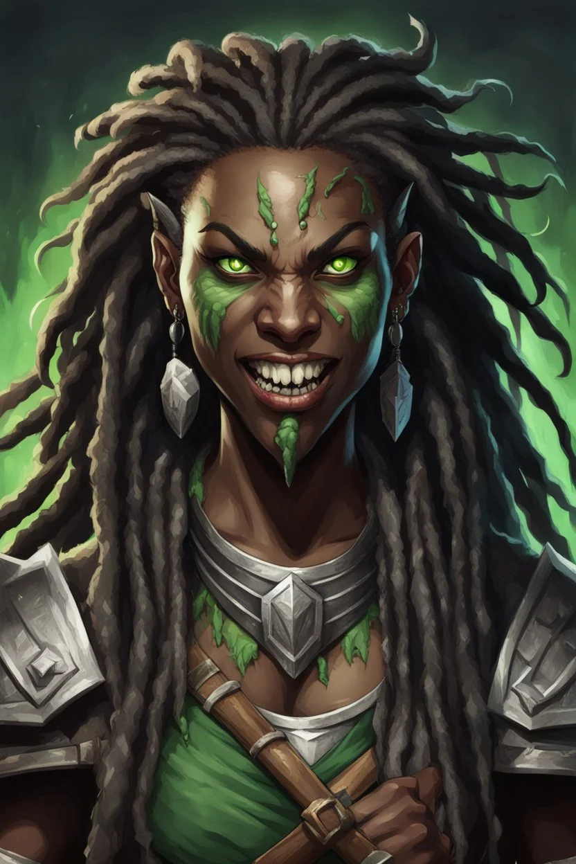 dungeons and dragons character portrait of a beast human female warrior with black skin, dreadlocks, big fangs and green eyes.