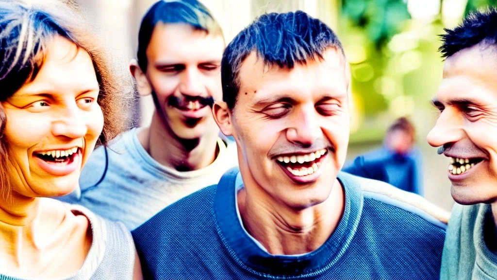 four happy people discussing health and wellness on a street, close up, bokeh