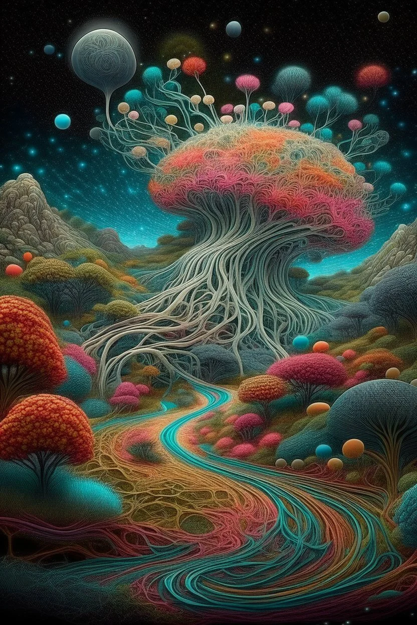 Fabulous composition, cosmic, hyperrealistic, microdetalization, surreal, drawing details, clear outline, color illustration, aesthetically pleasing, stardust, mystical landscape, curved trees, calendula, dark fantasy, monsters, multicolor, detailed, 3d, threads, fibers, bolto, mountains, fantastic pine neurons,ambient clarity,voluminous