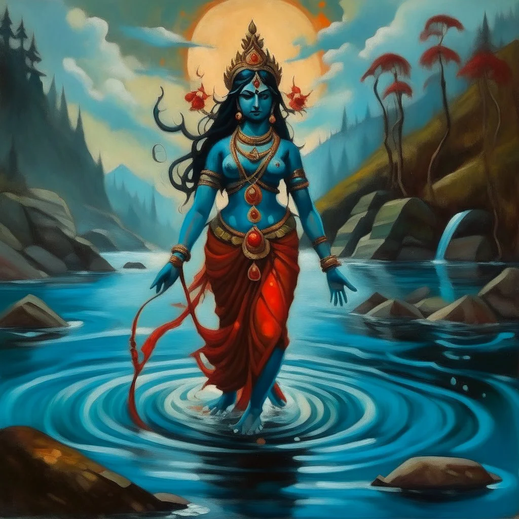 An oil painting of goddess Kali crossing a lake