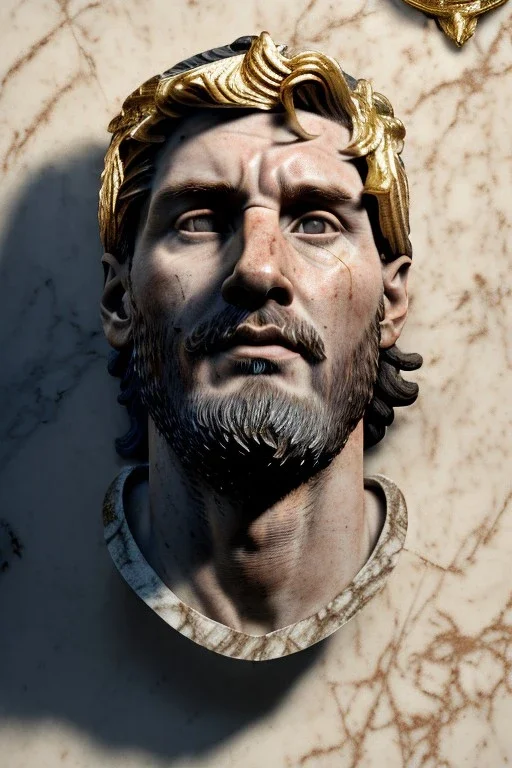 Ultra Realistic image, Roman sculpture, white marble material, Lionel Messi, gold Laurel leaves wreath, renaissance ornaments, one gold star in heart, marble background, chisel style, waist up portrait, emperor style, epic, celestial, cinematic lighting, God light, god rays, 4k resolution, smooth details, ornate details, soft lighting, unreal engine 5, art station, substance 3d.