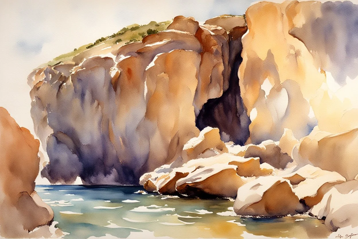 Clouds, rocks, cliffs, rocky land, sci-fi and fantasy, beyond and trascendent, 90's sci-fi movies influence, john singer sargent watercolor paintings