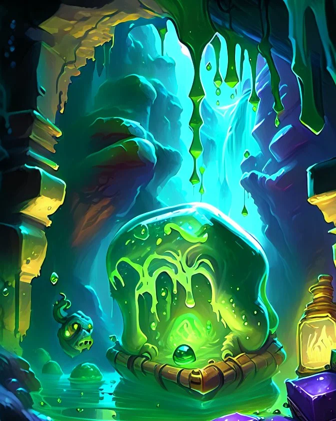 a slimy dripping gelatinous cube in vast dungeon cave room with treasure chests rpg art painterly