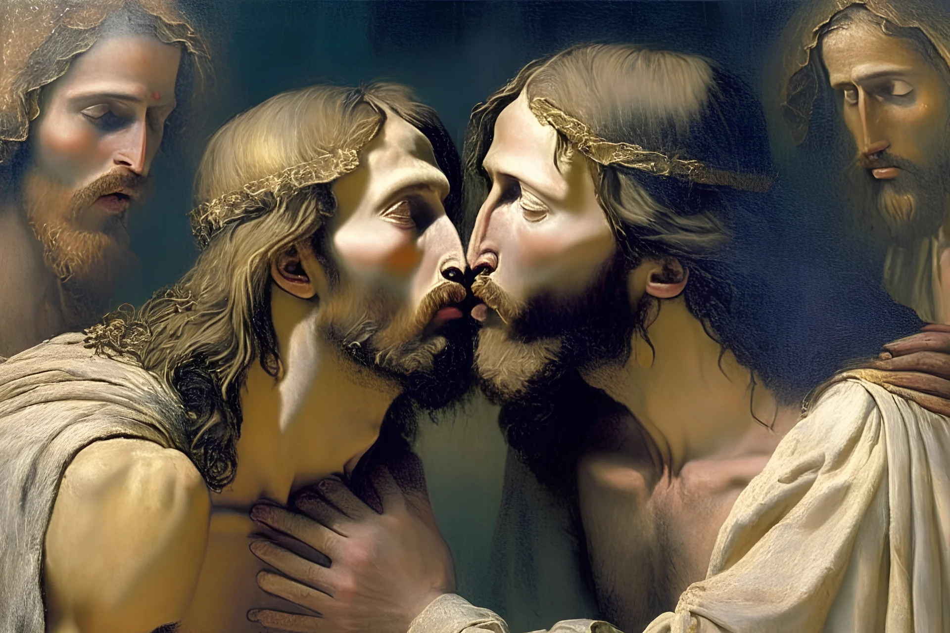 egy másik szakállas férfival jézus smárol and gloriás Jesus Christ flirtatiously kissing picture, rich in detail. They were loosely dressed. They are very much in love with Jesus On the edge of the abyss, where the eternal abyss is and everything is embraced around them by beings of light. There are also ape-men and big black shadows with hoods and stoles. 4K Blurred image of Jesus with a monkey head