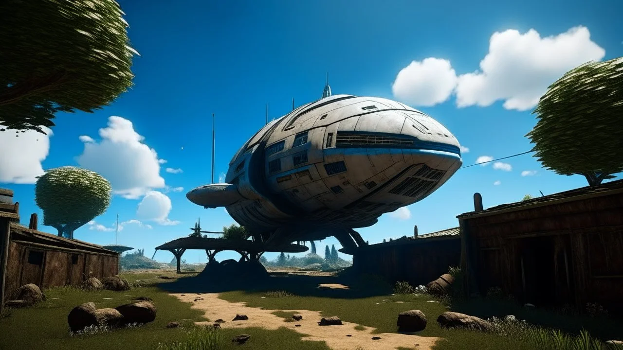 Small, sleek cargo spaceship, built like a teardrop, landing in an empty ruined alien street, blue sky, foliage