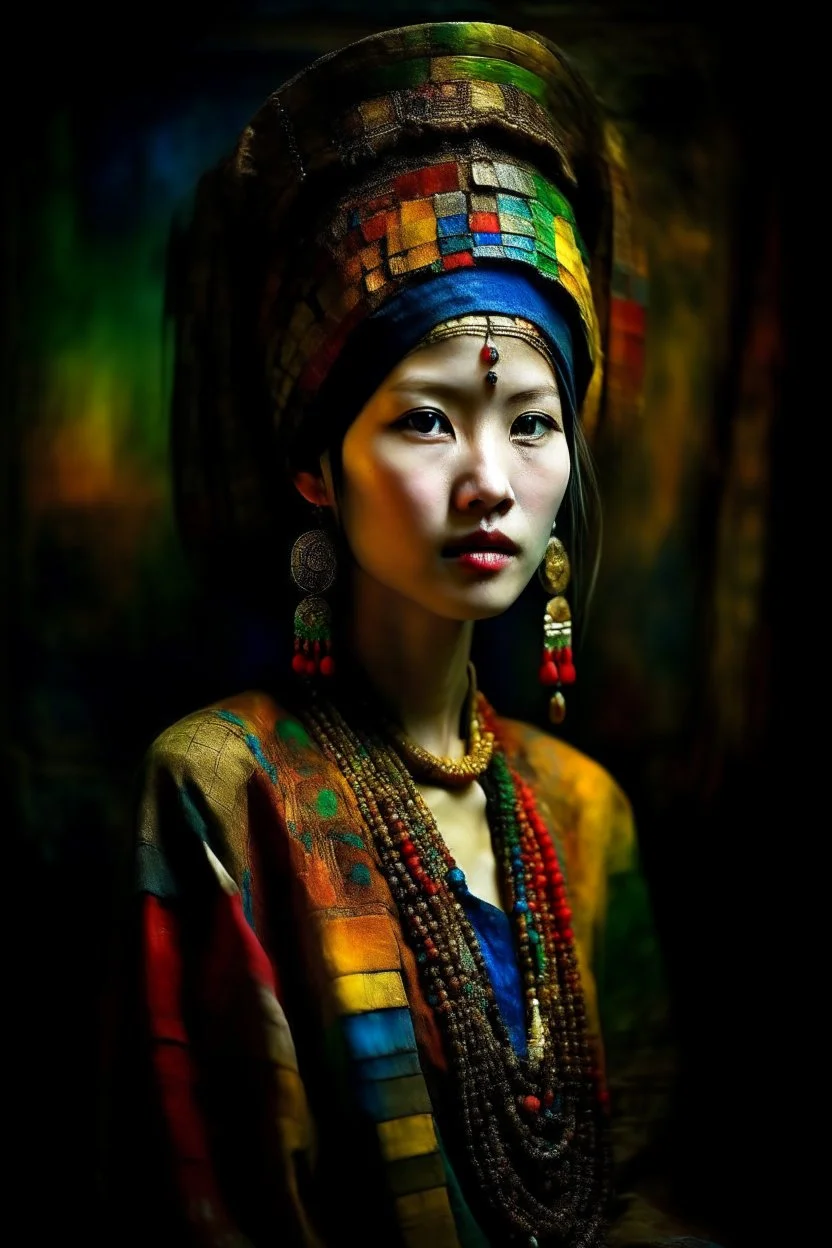 gorgeous portrait of a beautiful ancient princess. “Hmong Textile Patchwork Fashion Model" By Enki Bilal & Paul Klee & Jennifer Lommers & Hans Hartung & Meghan Duncanson & Mark Rothko & Dee Nickerson & Victor Brauner & Didier Lourenço & ∞ Modifiers: no text Colorful Oil On Rainy Night Canvas Unstructured Maximalism Novelty architecture internally decorative Crepuscular Luminosity Hyper-Structured Minimalism show objects in great details and accuracy Legit emotional reactions perfect body coordin