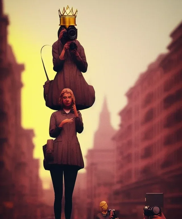 Statue of Queen of photography. Cute blonde woman. Photographer in golden crown. Standing on the street. Big camera in her hand. hyperdetailed, photorealistic, trending on artstation, greg rutkowski, beksinski, kodachrome, lomography, golden hour