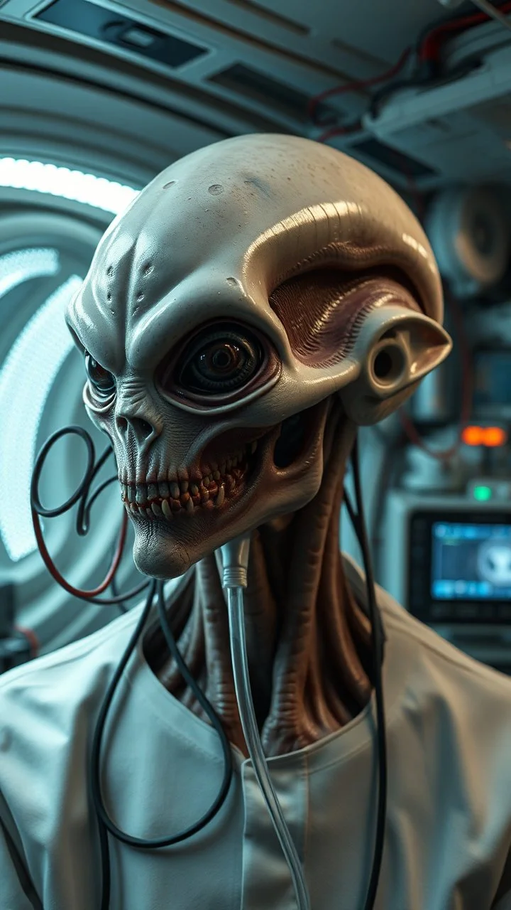 A hybrid human with creatures looks like alien face inside a laboratory connected with many wires and small plastic tube to big machine inside a aliens space ship, 4k , high quality picture and dim lighting with small screen monitors