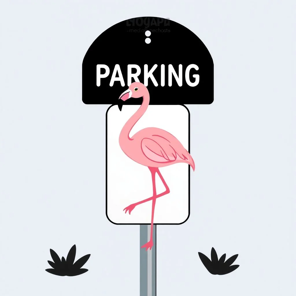 a parking sign crossed with a flamingo, cartoon on solid background color