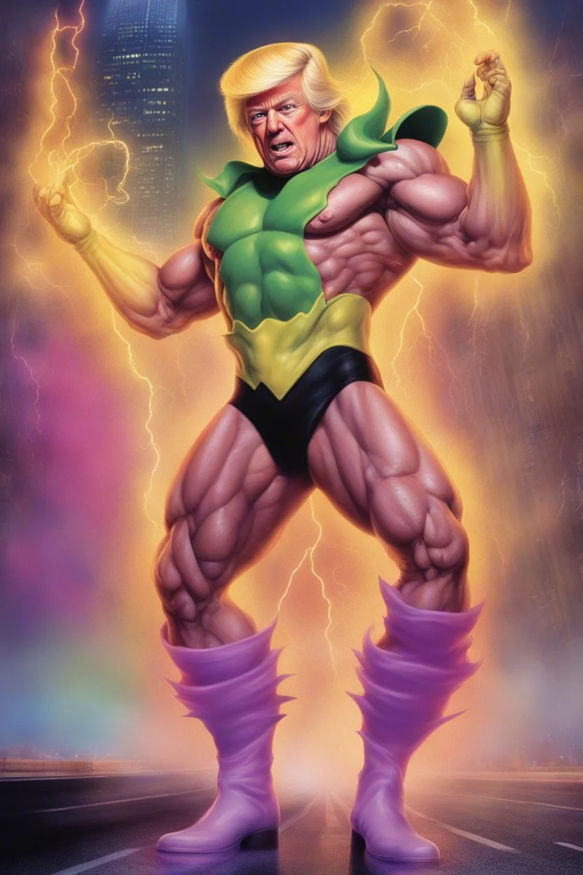 Extremely Muscular, Donald Trump as 'Maga Man,' the greatest superhero in history, Extremely Muscular, overly exaggerated muscles, Skintight, formfitting bodysuit, cape, boots, Multicolored vortex, multicolored lightning, neon lit futuristic cityscape, mist, fog, speed, extremely overexaggerated musculature, "MAGA MAN"