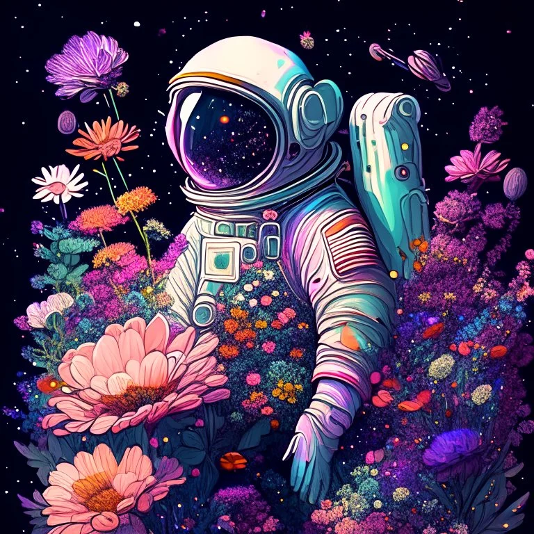 "floral astronaut" hand-drawn digital art, flowers everywhere, colorful garden, beautiful galaxy, REALISTIC, anime, 4k, high resolution, full details