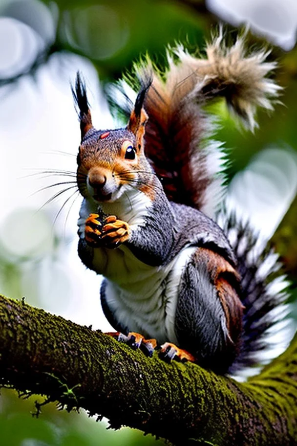 A squirrel is sitting on a pine tree in the forest, holding a pine cone