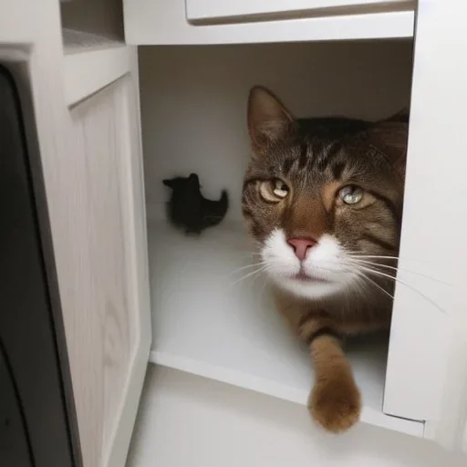 cat finds mouse under cupboard