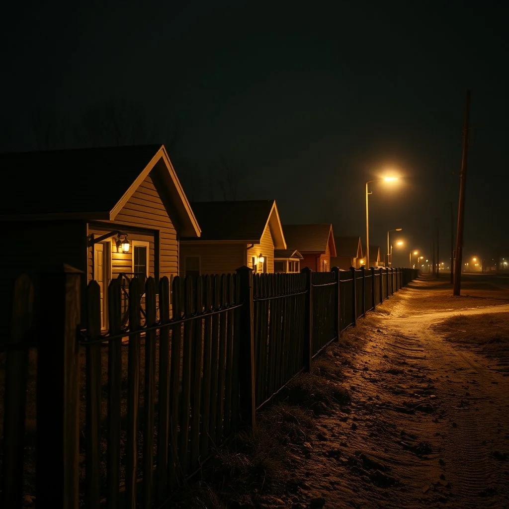 Photorealistic style, wasteland night creepy, movie shot, details, high contrasts, fence, powder, aluminum, row of houses