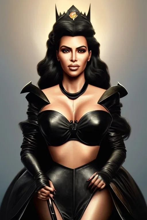 painting of kim kardashian as evil queen in black leather, feminie, angry, stern look on her face, volouptous, busty, cleavage, emperious, mature, highly detailed, digital painting, artstation, concept art, smooth, sharp focus, illustration, art by gaston bussiere and alphonse mucha