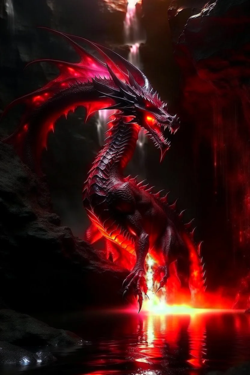 Gargantuan Red dragon with glowing red eyes in dark waterfall