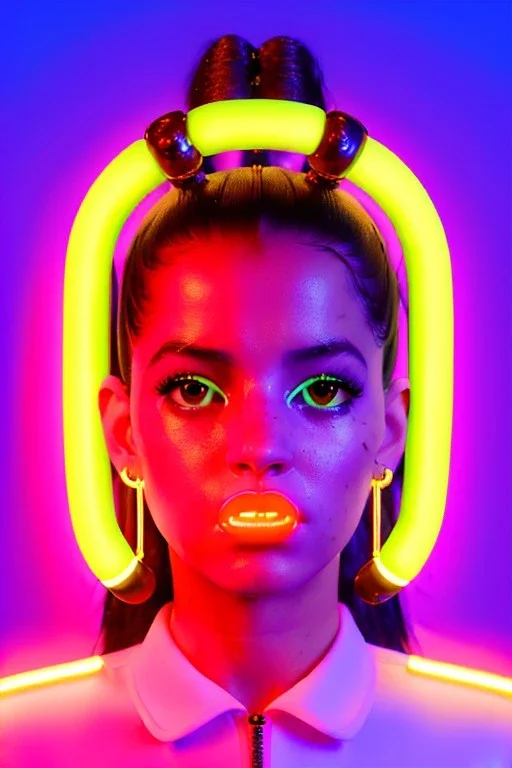 Rosalía artist, Realistic image, natural waist up portrait, perfect eyes, glow, circle iris, eye liner. pigtails hair, face, spray line make up, glow. lips, gold. big rings piercing, led ornament, pearls. coat, latex, inflatable, hot, led lights, minimal, neon, pink, blue, gold, vibrant color, highly detailed, art stations, concept art, smooth, unreal engine 5, god lights, ray tracing, RTX, lumen lighting, ultra detail, volumetric lighting, 3d, finely drawn, high definition, 4k.