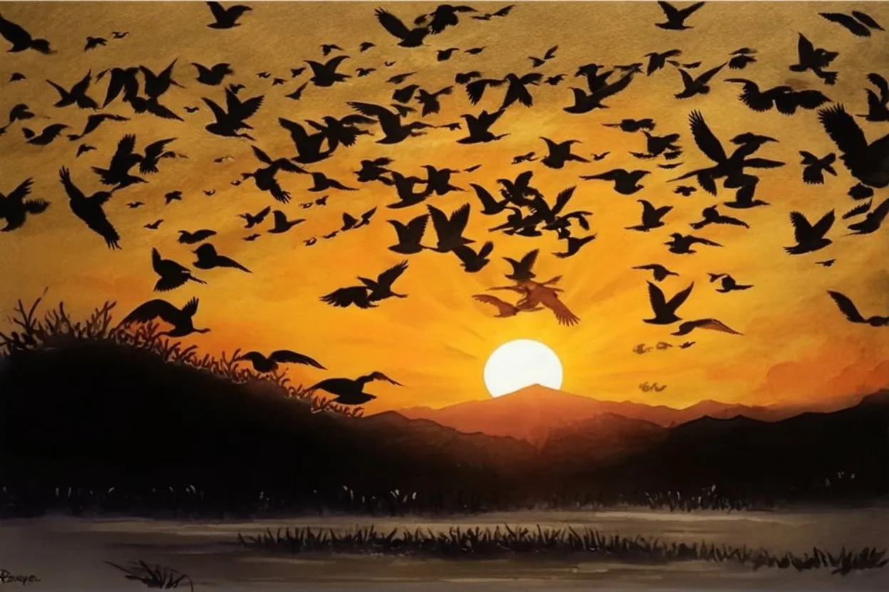 Create * Japanese ink painting + Disney style : white big bird’s murmuration , sunrise in Japanese Mountains , HR, HD, fantasy