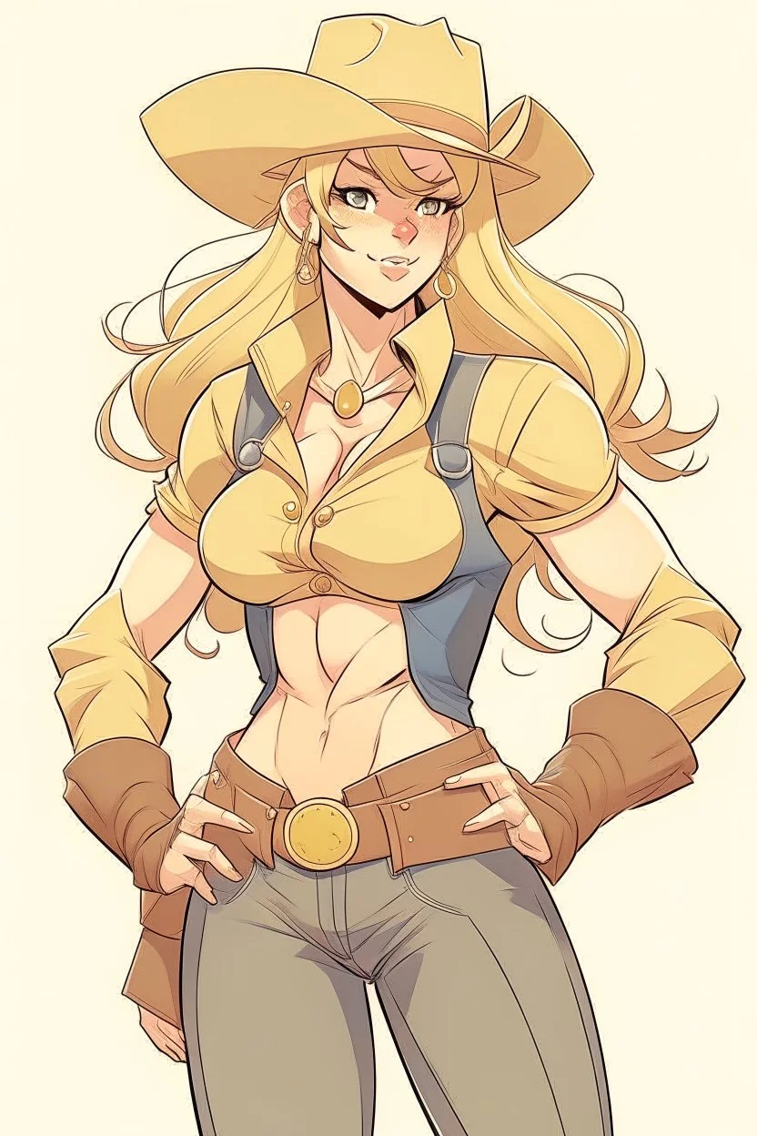 An anime style drawing of a buff cowgirl. she is blonde has sideburns. she is wearing chaps and a cowboy hat. she is buff and has big muscles!