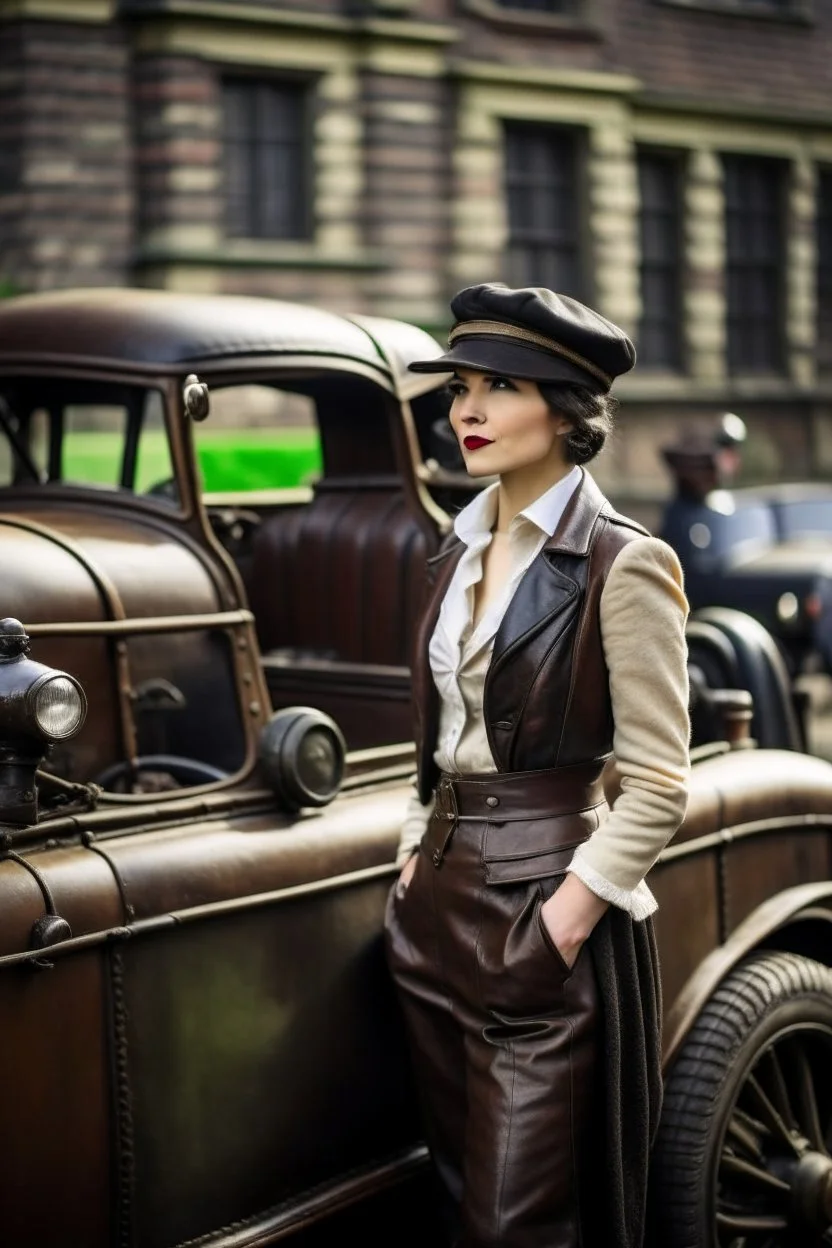 young woman with straight shoulder-length hair, dressed in brown leather trousers and waistcoat, leather gloves and a fascinator in an old industrial courtyard, next to a steampunk steam car on a summers day