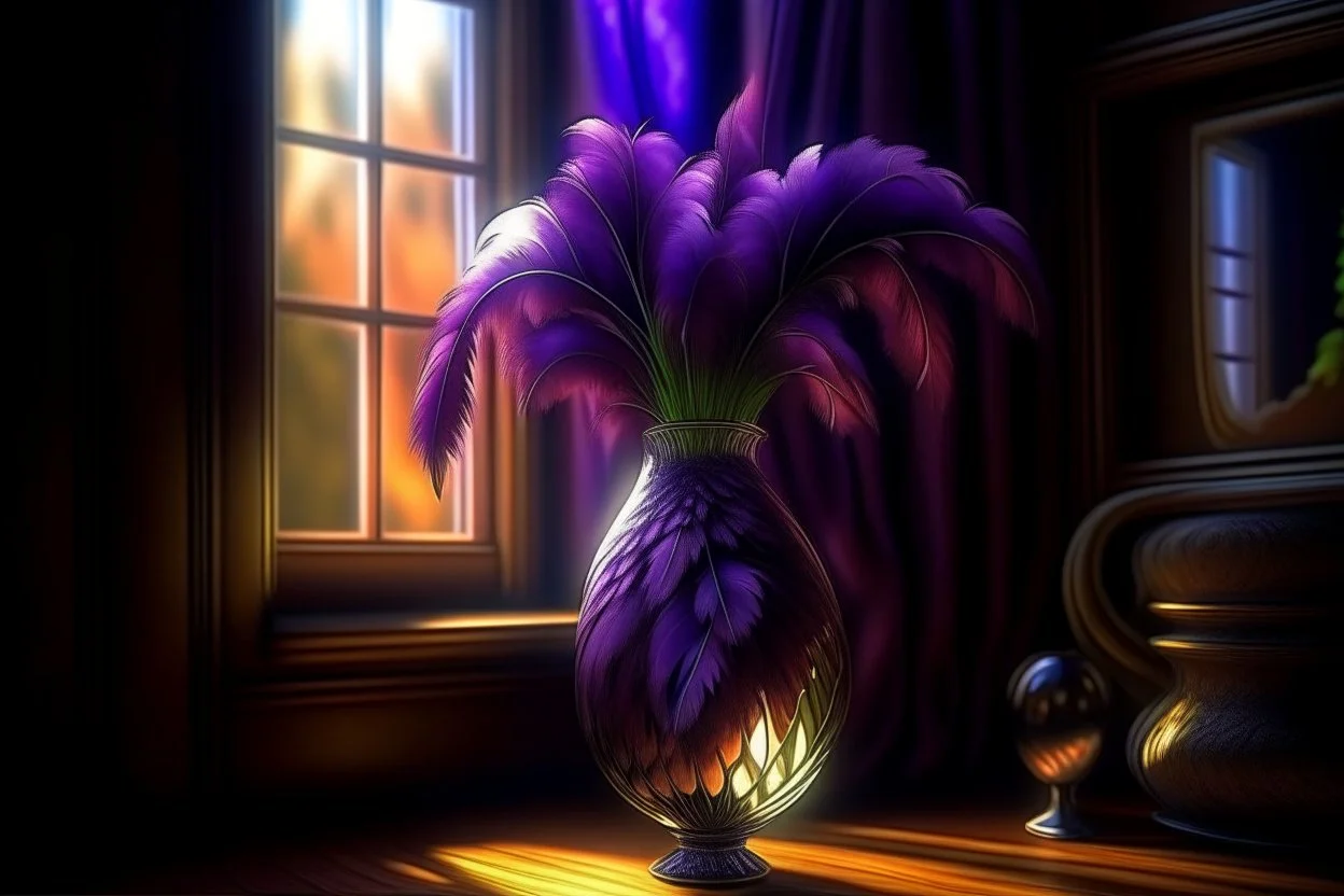 a beautiful, lifelike feather bouquet in purple with a lifelike eye in the centre in a beautifu vase in an elegant room S<AI Nikon D850 highly detailed digital painting sharp focus elegant intricate photorealistic 4k very attractive beautiful dynamic lighting award winning fantastic view crisp quality Unreal Engine very cute cinematic postprocessing acrylic art in sunshine