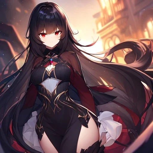 Clear focus, high resolution, black long fluffy hair, red eyes, wearing a detailed outfit