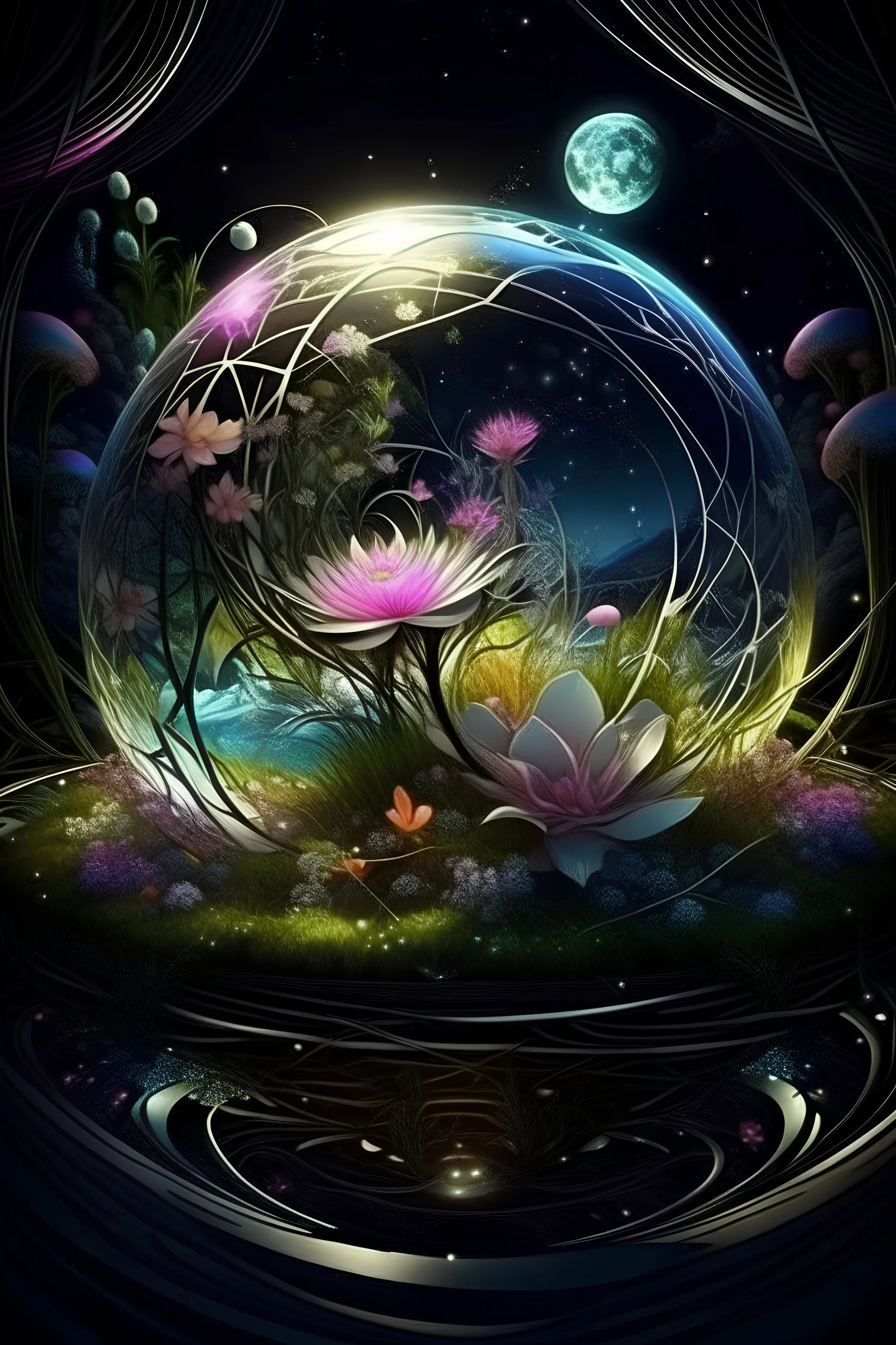 magic Beautiful floral dance, epic, fabulous landscape, 3d, horror, surrealism, careful drawing of details, transparent watercolor, clear contour, heart inside a sphere, stardust, threads, professional photo, incredible landscape, dark botanical, dark fantasy, silver, black, gold, blue, white, light green, pink, lilac, neon, detailed, fibers, engraving, color illustration, star map, comet, moon, fantastic flowers