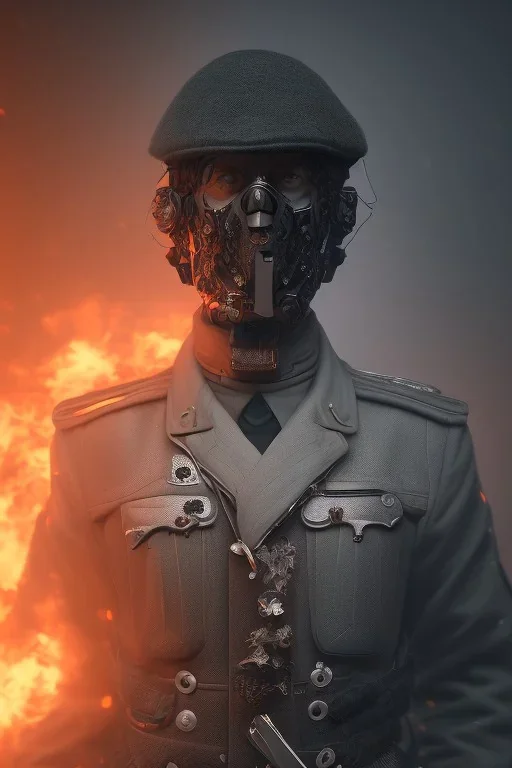 All black German soldier, head made out of white smoke, dark, rage, sorrow, high definition, ultra 8 k, volumetric lighting, blue fire, fog