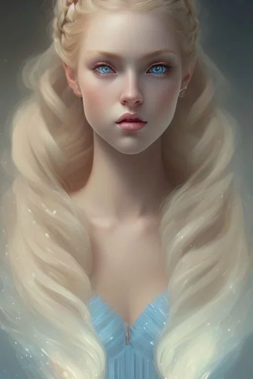 girl, cute, beautiful, blonde hair, loose braid, blue eyes, big eyes, pale skin, blue dress, ice dress, long eyelashes, pink lipstick, thin lips, small nose, semirealistic, 8k resolution concept art portrait by Greg Rutkowski,