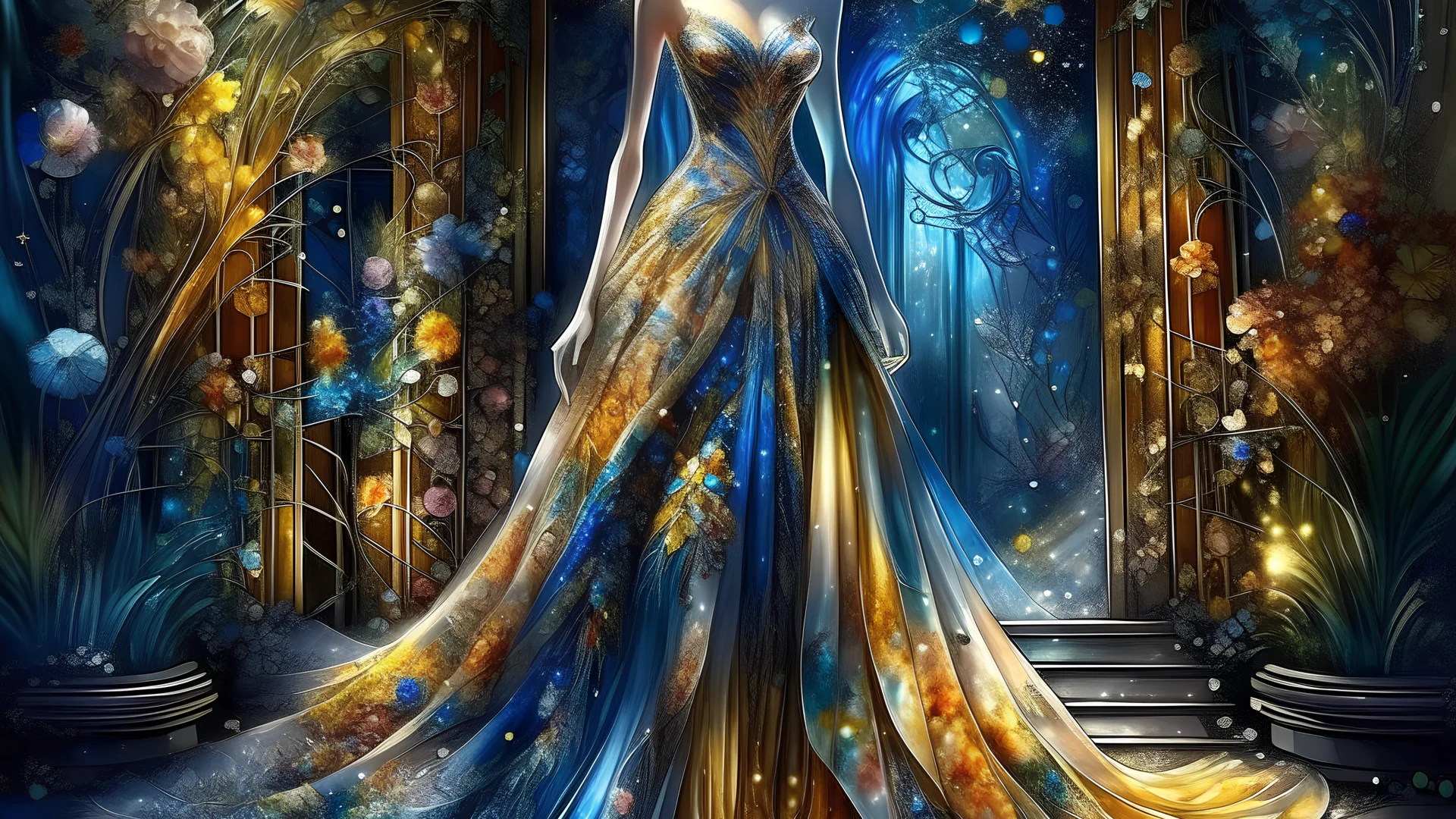 haute couture fashion dress with matching shoes on the side, show top of head, eyes looking up, in watercolor, real life looking, fantasy garden, fantasy sparkling, wet on wet watercolor, shimmering, Shining, Metallic colors, Extremely detailed, Beautiful lighting, photorealistic, ultra-realistic, 32K, 18K, digital graphics, HD, HDR, UHDR, Josephine