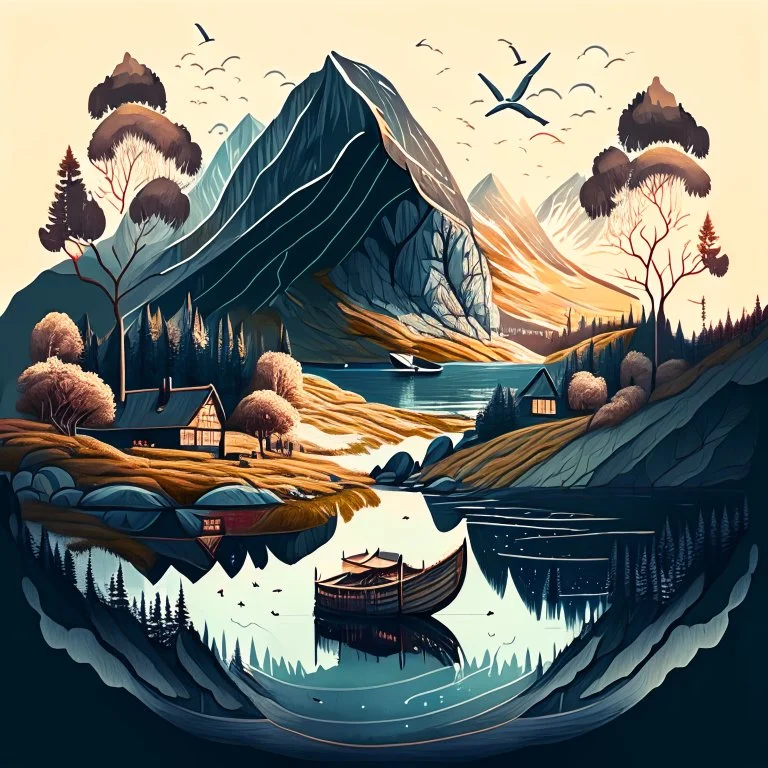 Generate an illustration of a Norwegian landscape in a unique, artistic style, drawing inspiration from the natural beauty of Norway for creative imagination.