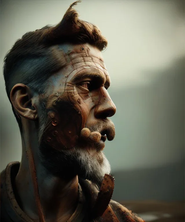 an abstract painting of rusted wood, Viking style, 8K, a Highly detailed stunning full frame portrait of a man with a woman, wide-angle view, a realistic face, volumetric lighting, volumetric clouds