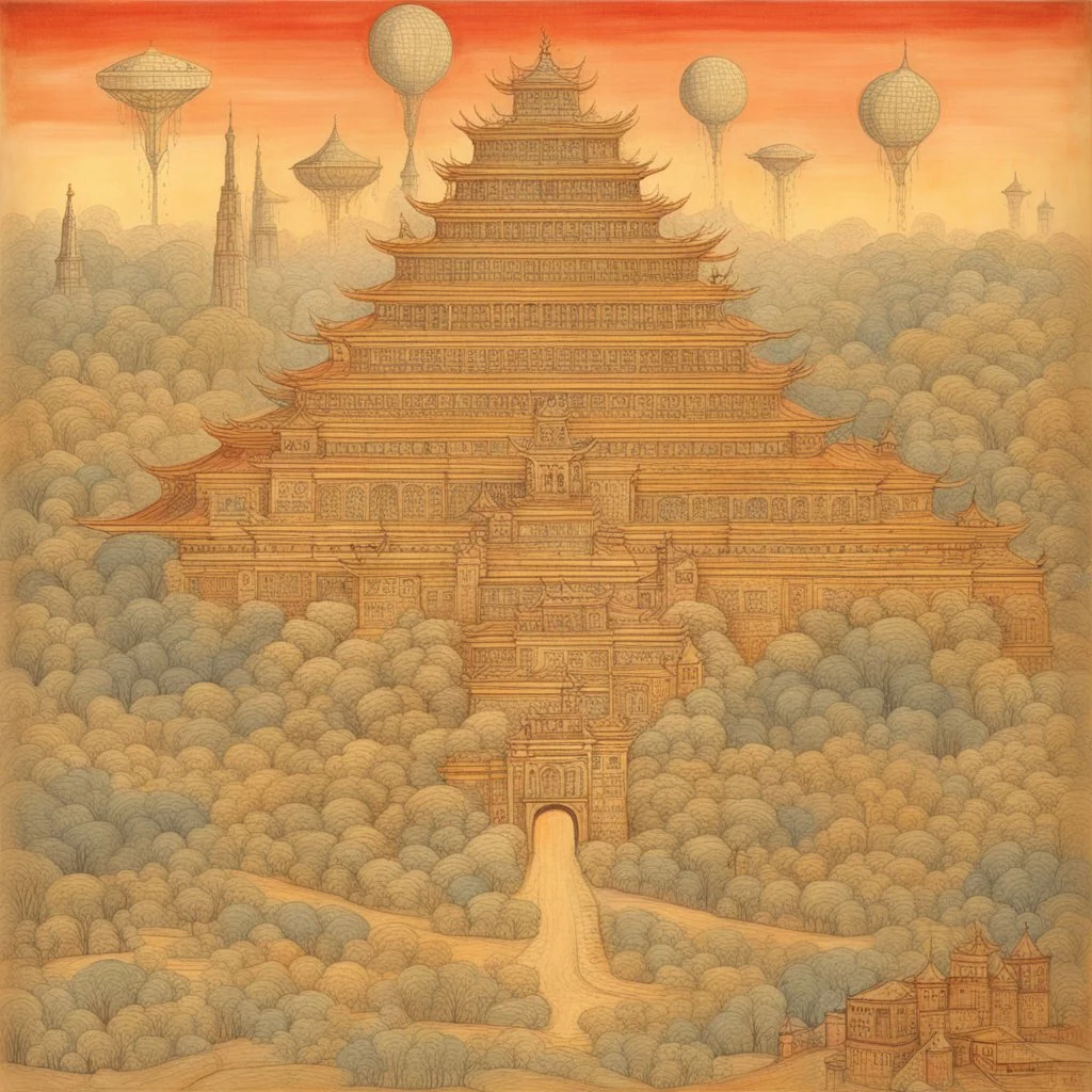 art by "Canan Berber Betye Saar", painting, landscape , Feigned The Palace of Asgard and Tokyo, at Dawn, Illustration, Hopeless, 70s Science Fiction, Provia, overly complex style