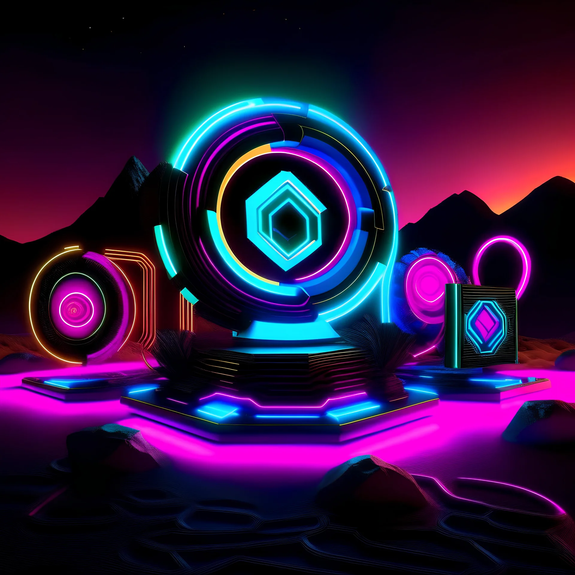 Neon Cyber-Tech icons in Metallic 3D Rendered Form. This image has been Generated by Generative Ai. Explore the surreal landscape of the desert as a futuristic twist on the icons emerges. Rendered in 3D, this cyber-tech icons takes on a metallic form, adorned with neon accents that shimmer against the barren desert backdrop. With its hi-tech features and cybernetic design, this icons presents an intriguing juxtaposition of tradition and