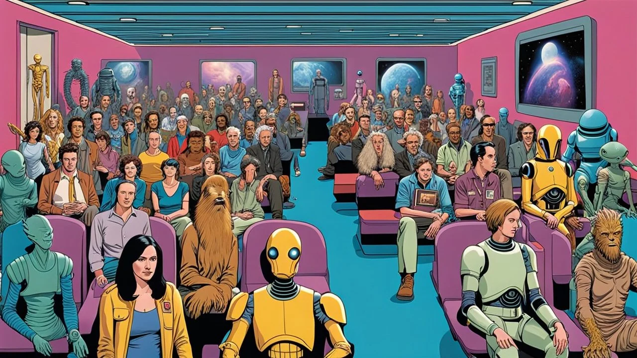 photo from the futuristic waiting room of a studio, a large crowd waits in a giant room. the aliens mutant humans, strange fantastical creatures, droids, and a few human-like beings of all sizes, colors, shaped and looks, standing and sitting in the crowd. high detalied, sharp focus, photorealistic, sci-fi style Professional photography, bokeh, natural lighting, canon lens, shot on dslr 64 megapixels sharp focus, photorealistic