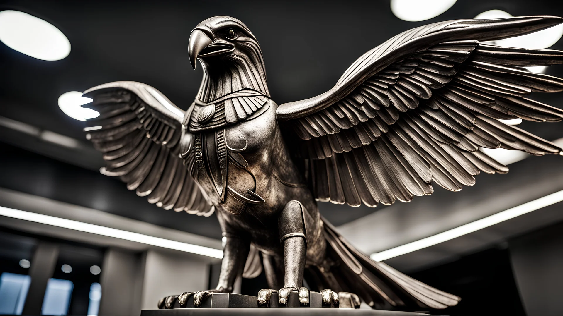 silver statue of an Egyptian red eagle, with dramatic lighting and a wide-angle view.