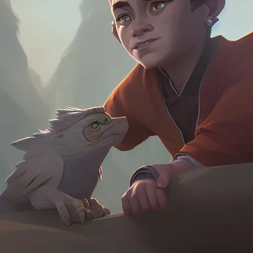 Portrait of a wizard kid with his pet gargoyle by Nick Harris