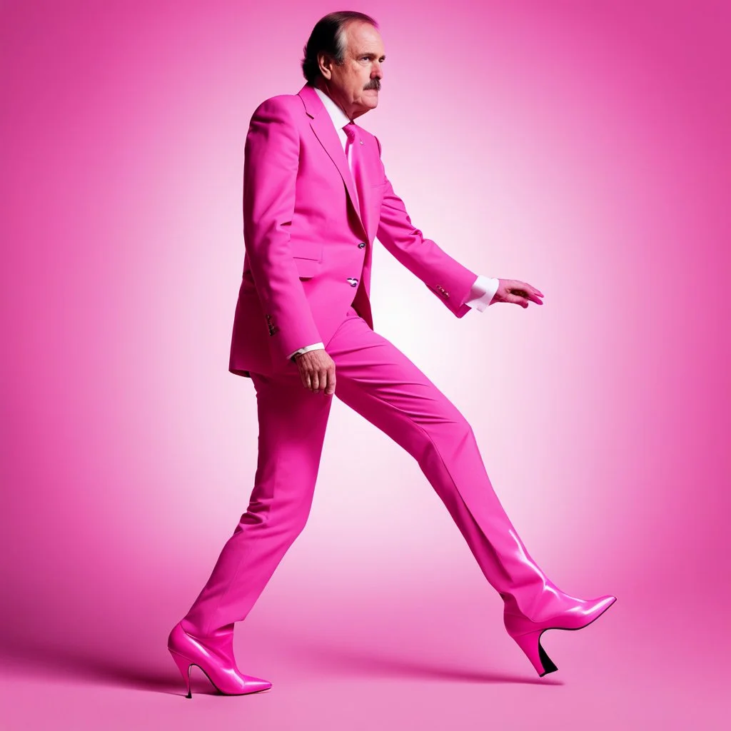 [Ultra Fractal art] John Cleese in a pink battlesuit pink gloves and pink high heel boots. The Ministry of Silly Walks.