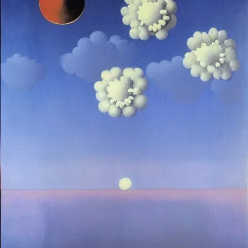 flowers floating in outer space with musical notes by Rene Magritte