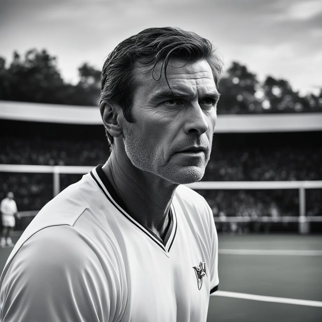 The tennis coach stood on the court, his gaze piercing through the camera lens with a menacing intensity. His once pristine white tennis racket now stained with blood, held high above his head. Scars crisscrossed his face, telling tales of battles fought and secrets hidden.