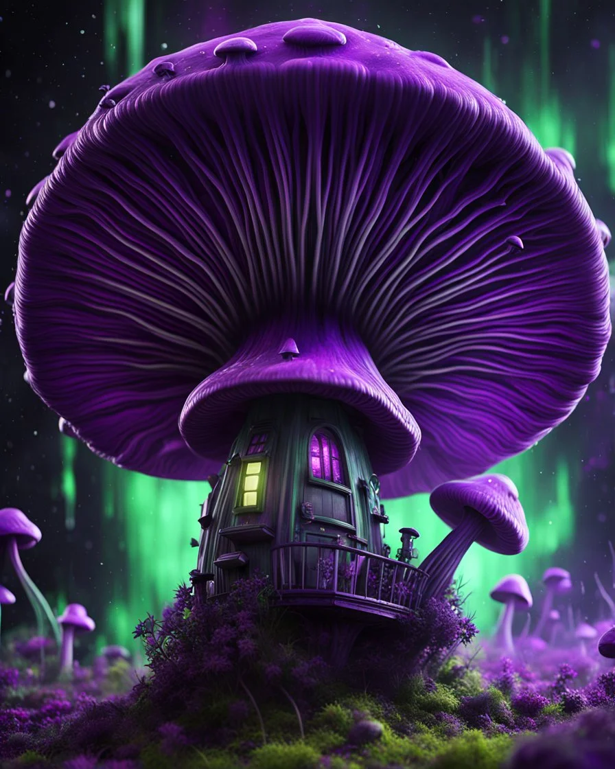 A weird floating mushroom house in galactic space. black purple green and white, Dark cosmic interstellar. Detailed Matte Painting, deep color, fantastical, intricate detail, splash screen, hyperdetailed, insane depth, concept art, 8k resolution, trending on Artstation, Unreal Engine 5, color depth, backlit, splash art, dramatic, High Quality Whimsical Fun Imaginative unusual, good composition