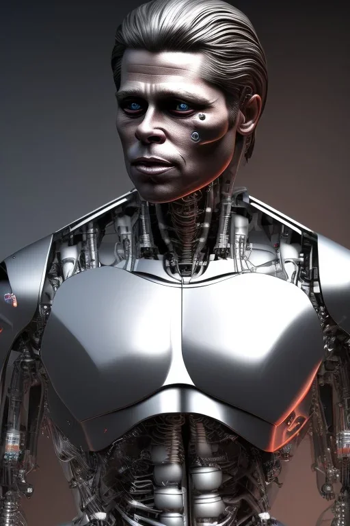 Brad Pitt sorrow terminator robot, dark age, 8k resolution, realistic, intricate, 8k resolution, high-quality, fine-detail, digital art, detailed matte, volumetric lighting, dynamic lighting, photorealistic