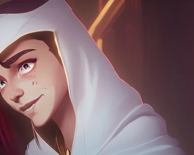 A white hooded robe covered a tan woman with a sleepy look in her eyes and a smile on her face, above her head is a golden halo. Behind her, there is a black shadow with red eyes and a smile grabbing her shoulders very thight