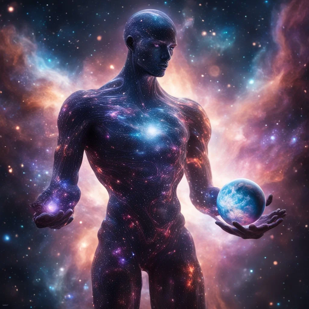 a colossal godlike humanoid figure with transparent body made of swirling galaxies and nebulae, holding a planet in palm and observ it with white glowing eyes, sharp focus, high contrast, dark tone, bright vibrant colors, cinematic masterpiece, shallow depth of field, bokeh, sparks, glitter, 16k resolution, photorealistic, intricate details, dramatic natural lighting