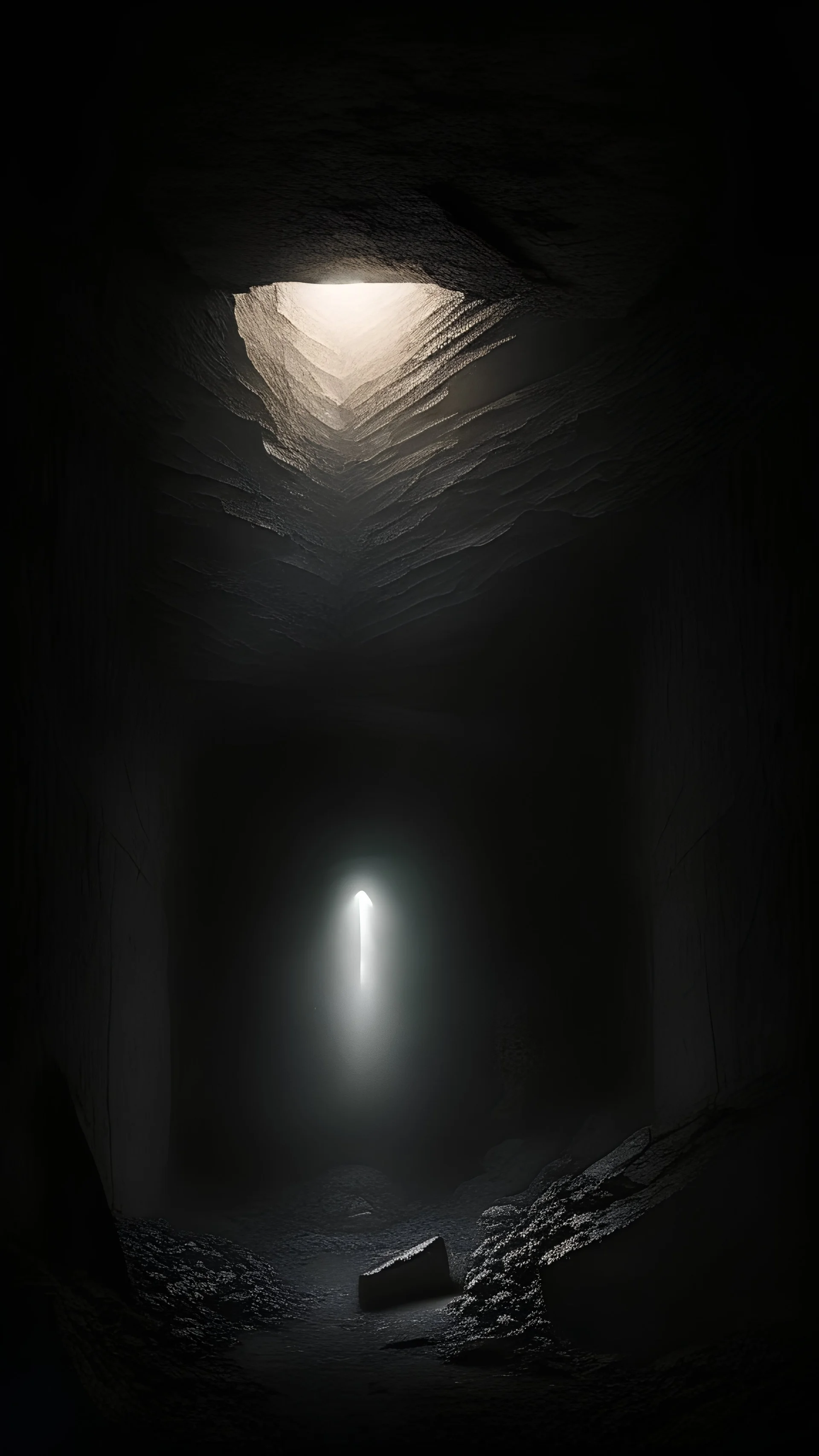 charactere in semi-darkness, on the scree cone of an underground room dimly lit by daylight coming from a well located forty meters above.