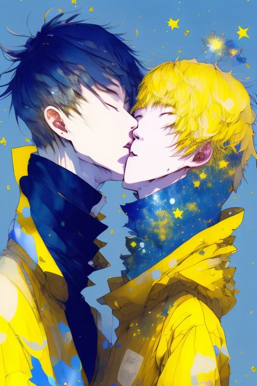 portrait anime man kissing man, ,yellow, stars hearts water, blue, watercolor, Yoshikata Amano, Edwin Landseer, Ismail Inceoglu, Russ Mills, Victo Ngai, Bella Kotak, hyperdetailed 8K resolution HDR DSLR, ultra detailed, ultra quality, CGSociety, intricately detailed, color depth, gliter, kiss