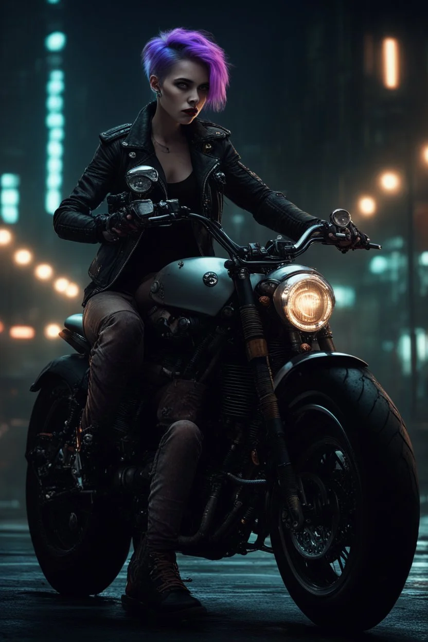 vampire girl with short cropped cyberpunk hair riding a cafe racer motorcycle in a post apocalyptic city at night