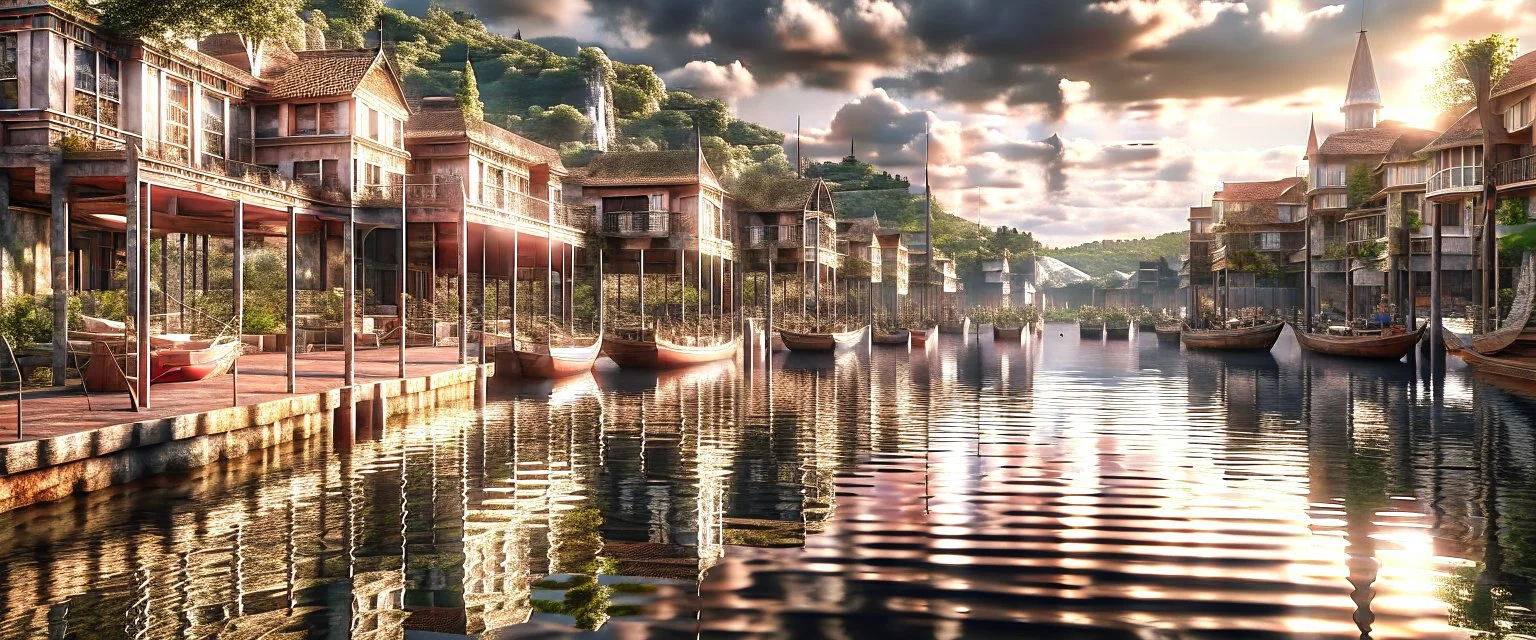 lake city during the iron age realistic, photorealistic, natural lighting, elegant HDR complex picture Octane hyper realistic cinematic reflections very detailed