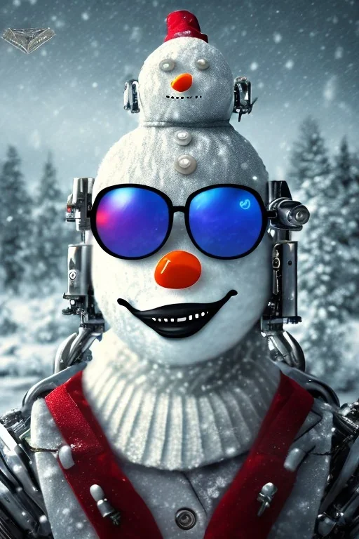 Snow man like a cyborg,with sunglasses,with gun,portrait,detail,textures,cinematic