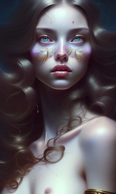 porno model , cute, beautiful, long hair, wavy hair, curly hair، black eyes, head and shoulders portrait, cinematic, 8k, resolution concept art portrait by Greg Rutkowski, Artgerm, WLOP, Alphonse Mucha dynamic lighting hyperdetailed intricately detailed